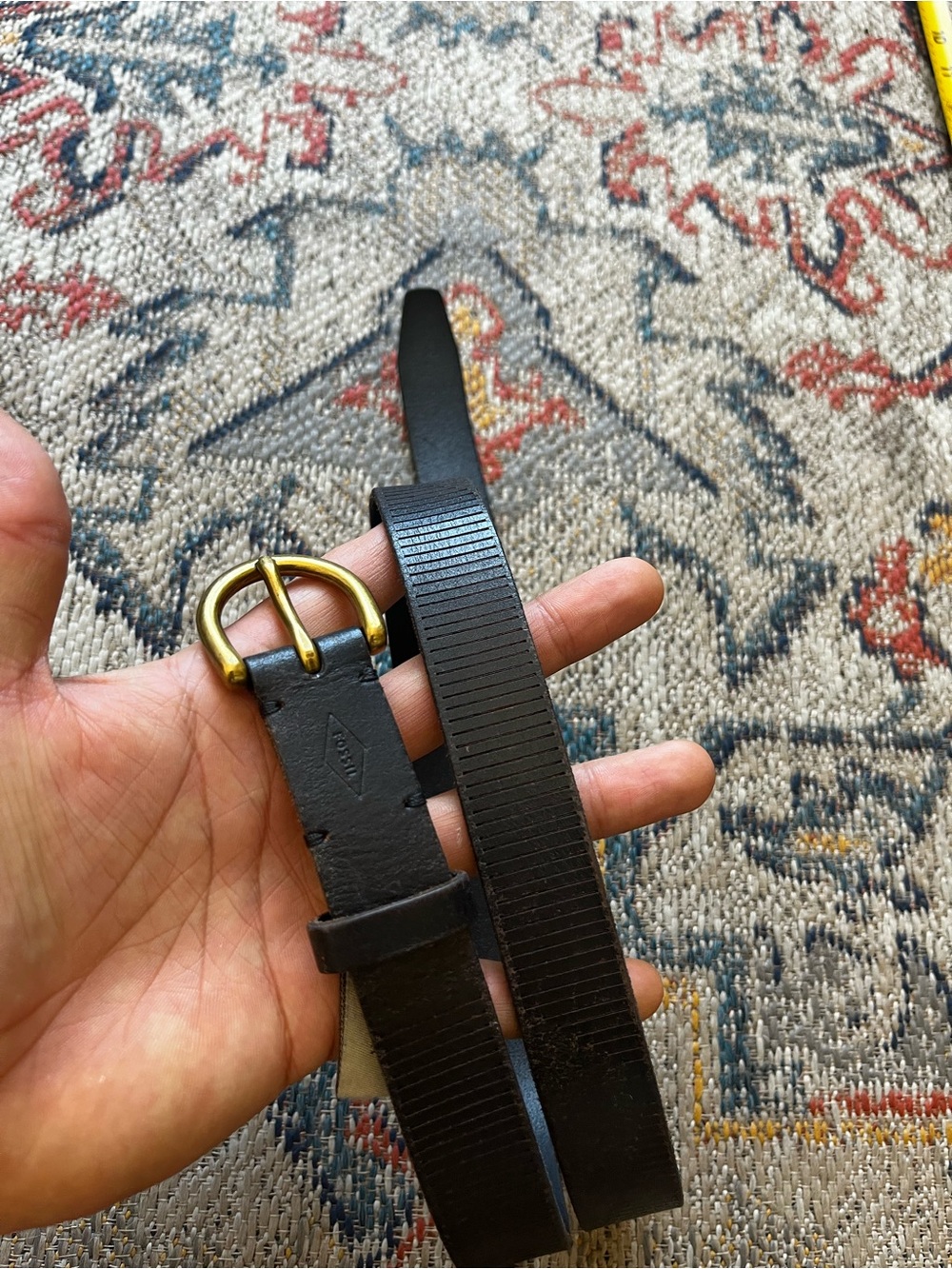 Fossil Black Leather Belt with Brass-Tone Double-Prong Buckle M